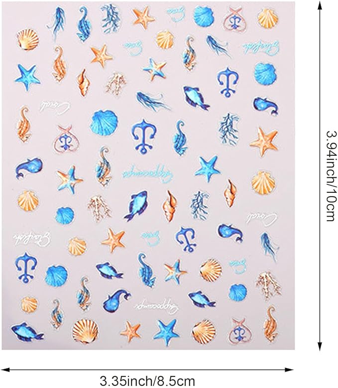 4 Sheets Ocean Life Nail Art Stickers, 5D Embossed Self-Adhesive Starfish and Shell Nail Stickers Summer Sea Theme Design for Women Girls DIY Nail Salons Manicure Decoration