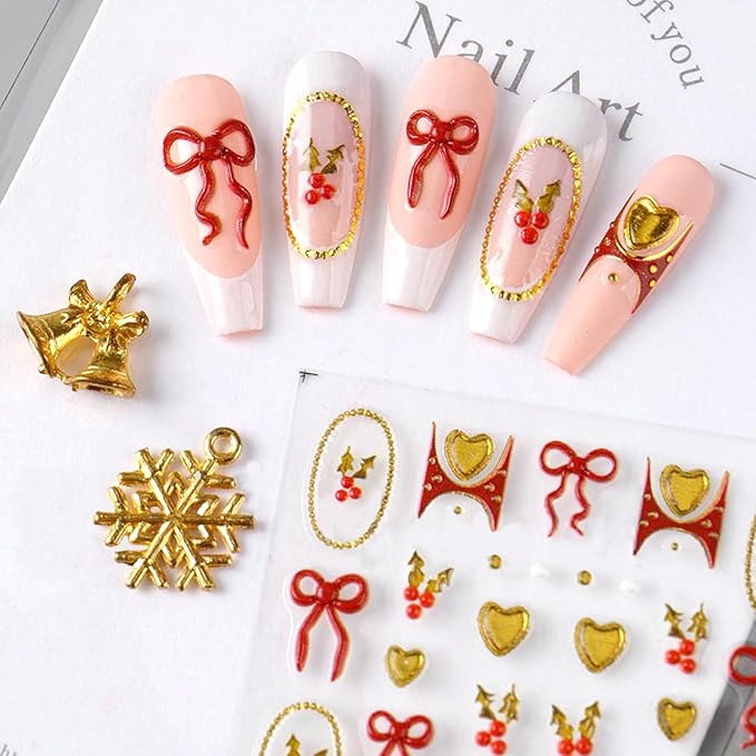 2Sheets Christmas Nail Art Stickers 5D Embossed Holly Nail Decals with Gold Beads Frame Designs Nail Stickers Self-Adhesive Red Bow Nail Decal Gold Heart Nail Sticker for Women Nails Decor Supplies
