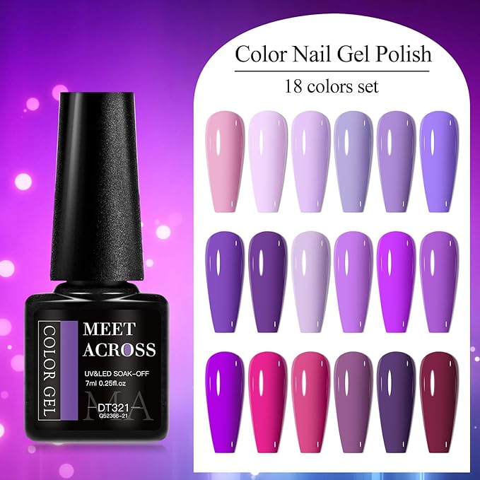 MEET ACROSS 18pcs Gel Nail Polish Set Soak Off UV LED Lamp Gel Nail Polish Kit (SET-8, 18pcs)