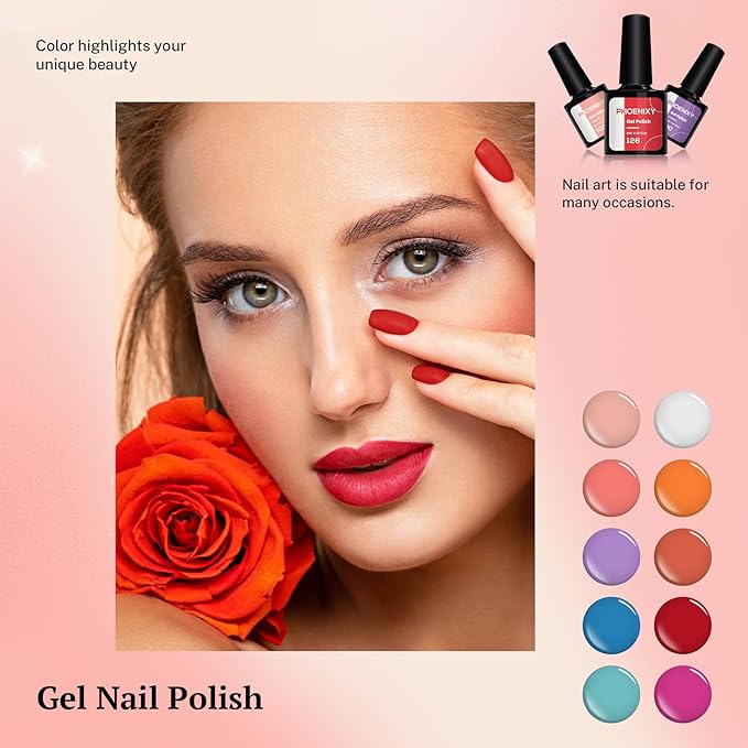 PHOENIXY 24 PCS Gel Nail Polish, Gel Nail Polish Kit with Base Glossy Matte Top Coat Brown Black Gray Red Starter Nail Set Gifts for Women