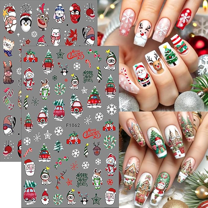 10 Sheets Christmas Nail Art Stickers Decals Cute 3D Self Adhesive Nail Decals Design Snowman Snowflake Deer Santa Claus Penguin Christmas Tree Nail Stickers for Women DIY Manicure Xmas Nail Decor