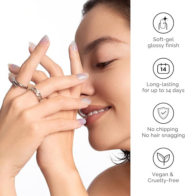 NAILOG Semi Cured Gel Nail Strips - 20 Pcs Gel Nail Stickers | Buy 2 Get 1 UV Lamp | Misty Glow