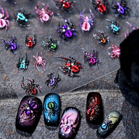 Halloween Nail Sticker 5D Embossed Scary Spider Nail Art Sticker Self Adhesive Nail Decals Colorful Spider Nail Art Decals for Nail Decoration Supplies for Women Girls DIY Manicure