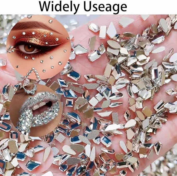 6400Pcs Silver Clear Nail Rhinestones, 600Pcs Multishapes Big Nail Gemstones +5800Pcs 1.5-6.5mm Flat Back Round Crystal Beads with B7000, Nail Decals, Multsize Flat Back Glass Stones for DIY Art