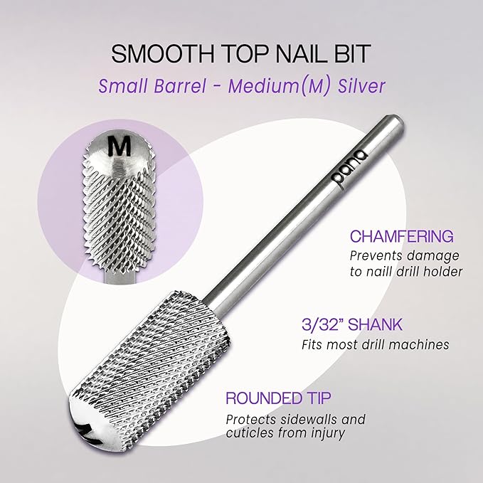 PANA 3/32" Small Smooth Round Top Safety Carbide Nail Drill Bit for Gel Polish & Acrylic Removal Nail Salon Manicure Pedicure Electric File Tools (Small Barrel - Silver, Medium)