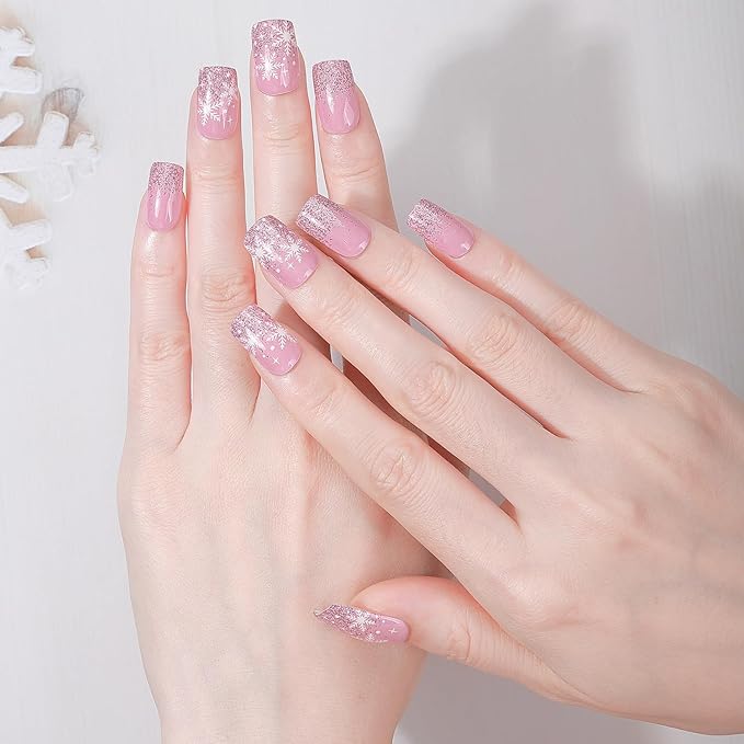Christmas Semi Cured Gel Nail Strips, 16 Pcs Winter Xmas Gel Nail Stickers Snowflake Designs Glitter Wraps for UV/Led Manicure Lamp Nails Art Decorations