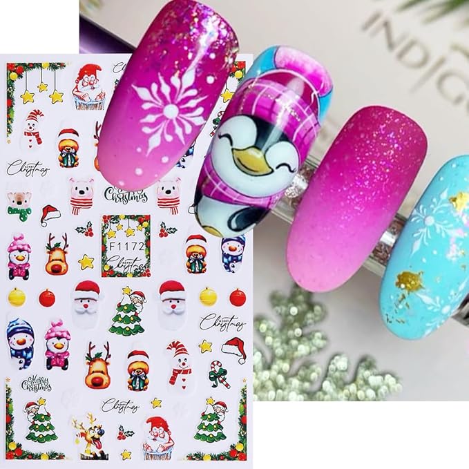 Christmas Nail Art Stickers 3D Deer Holly Bell Christmas Nail Stickers 6PCS Santa Claus Xmas Tree Snowman Snowy Tree Design 3D Self-Adhesive Xmas Nail Decals Nail Art Supplies for Women DIY Nail Salon