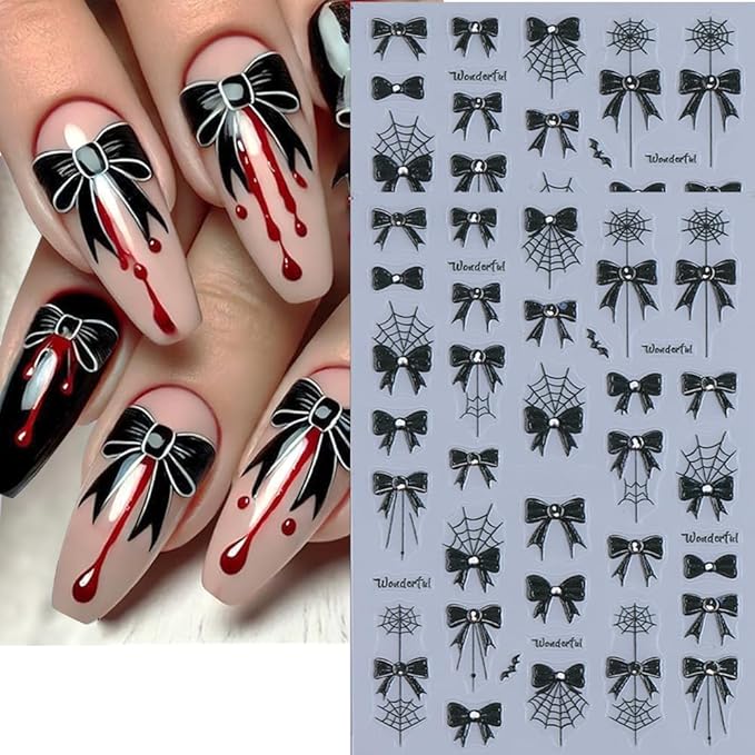 4Pcs Spider Web Halloween Nail Stickers 3D Bow Bat Spider Nail Decals Spooky Self Adhesive Black Cobweb Nail Design Sticker Halloween Nail Decoration Supplies Holiday Manicure Accessories for Women