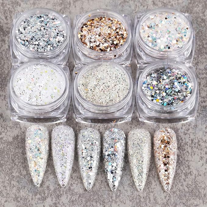 Holographic Nail Art Kits 6 Boxes 3D Glitter Metallic Shining Flakes Acrylic Powder Dust Sequins Decoration Holographic Manicure Tips (Vintage Color)