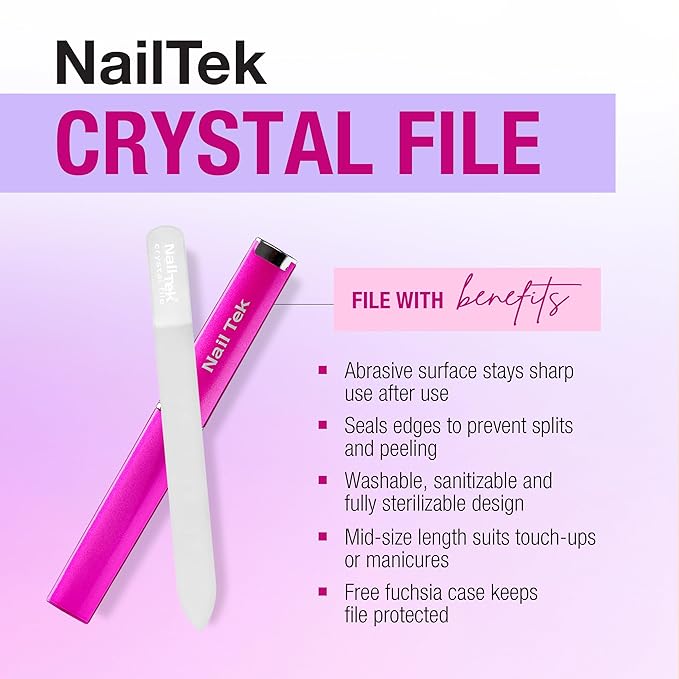 Nail Tek Crystal File - Glass Nail File with Case, Durable and Gentle for Healthy Nails and Cuticles - Travel-Friendly Design, Fuchsia, Medium 5"