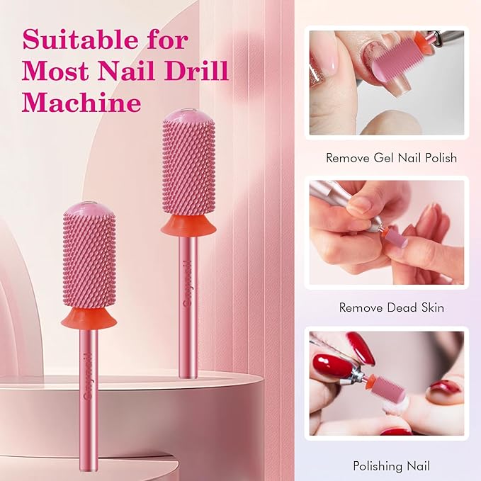 3/32" Large Barrel Smooth Round Top Tungsten Carbide Nail Drill Bit Safety Bit for Gel & Acrylic Removal, 2-Way Rotating Efile Tip, Salon Electric File Accessory (F Grit, Rose Red)