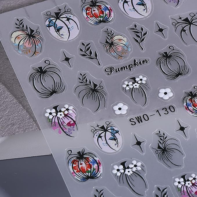 Fall Nail Stickers Halloween Pumpkin Nail Art Stickers Decals 3PCS 5D Engraved Leaf Flower Pumpkin Nails Design Self-Adhesive Fall Stickers Manicure Nail Art Supplies for Holiday DIY Nail Decorations