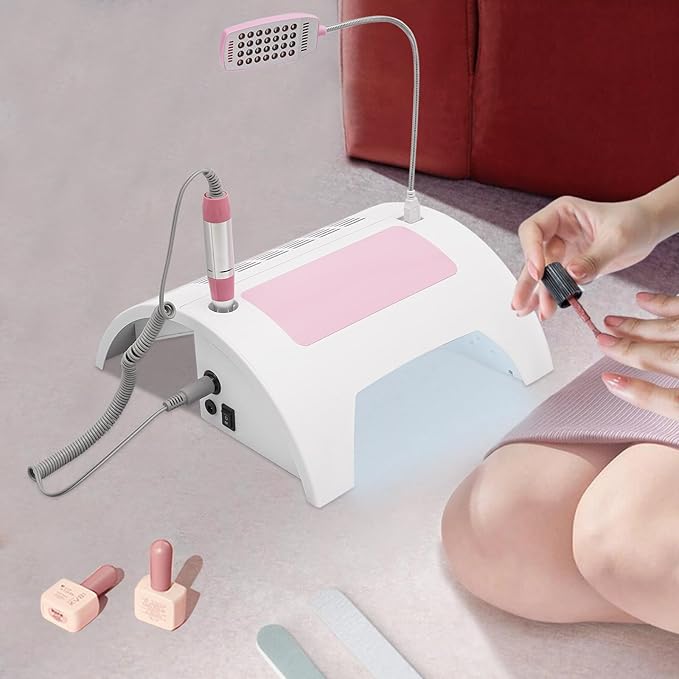 5 in 1 Nail Lamp, Nail Dust Collector with Nail Drill Hand Rest and LED Desk Lamp, LED Nail Lamp for Gel Polish for Nail Salon and Home Use.(Pink,Basics)