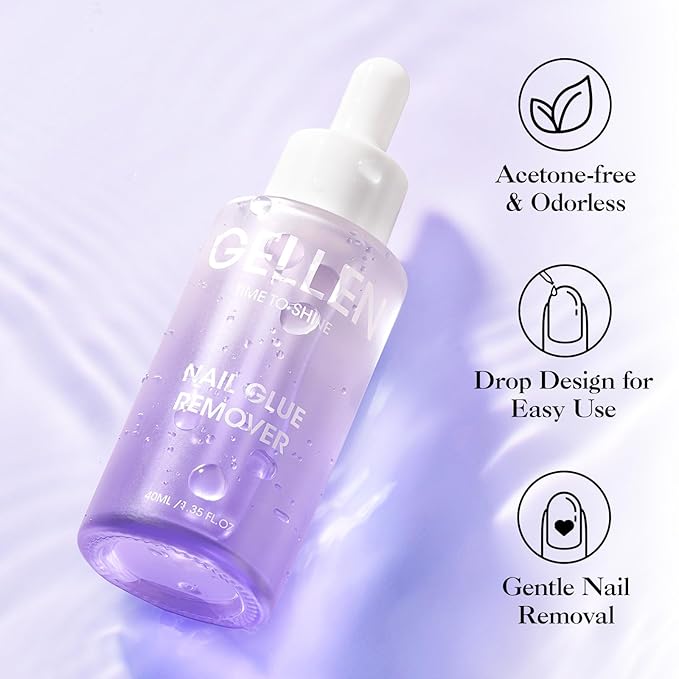Gellen Nail Glue Remover for Press on Nails, 40ML UV Glue Remover, Non-Acetone Gentle Off for False Tips, Odorless Easy Debonder, Not for Gel Polish