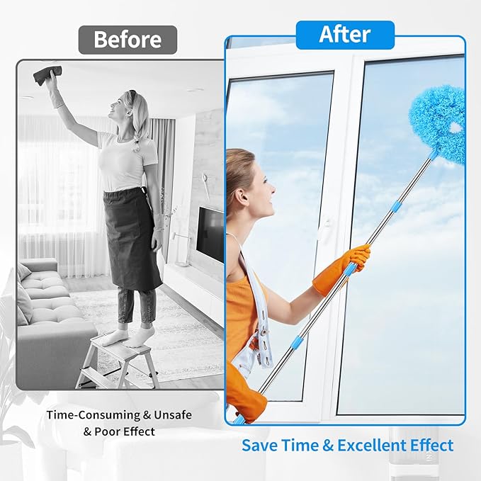 Ceiling Fan Cleaner Duster Reusable Microfiber Removable Duster with Extension Pole Adjusts 12 to 71 Inch for Cleaning Walls Bookshelves Furniture Door Window Top (Blue)