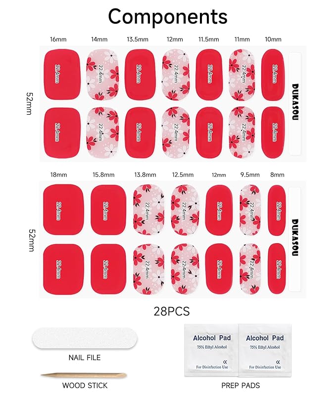 Semi Cured Gel Nail Strips (Red Pink Flowers), 28 pcs UV Gel Nail Stickers for Women Work with Any UV Lamps, Salon Quality Nails Wraps for Home DIY Nails Art