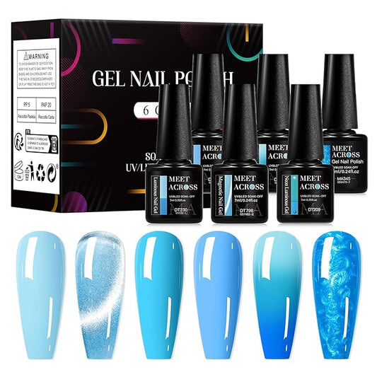 MEET ACROSS Gel Nail Polish Set 6 Pcs Glitter Colors Gel Nail Kit Art Design Soak Off UV LED (SET-10, 6pcs)