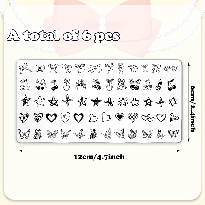 Whaline 6Pcs Coquette Nail Plates Stamping Set Bow Cherry Heart Stamp Templates Nail Art Plates for DIY Print Manicure Salon Design