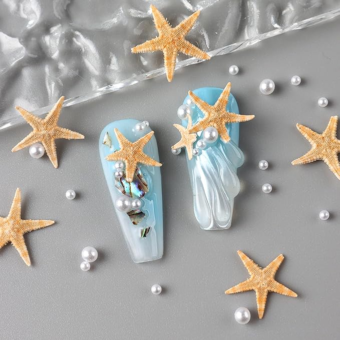 Summer Nail Art Rhinestones Ocean Nail Charm Shiny Shell Starfish Pearl Nail Design 3D Beach Theme Summer Nails Cute Nail Charm for Acrylic Nail Supplies DIY Crafts Manicure Decoration Accessories