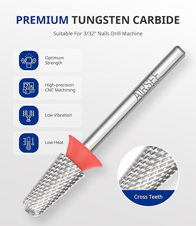 AIRSEE Tungsten Carbide Acrylic Nail Drill Bit Efile Electric File Machine Head Tip for Manicure Polishing Art Remove Gel 3/32" 2 Way Safety Use Big Ball Top Tapered Bit Plus Cone Shape Fine-F