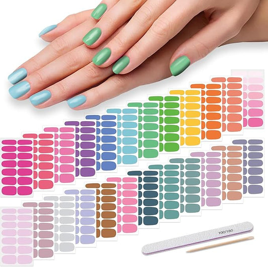DANNEASY 24 Sheets Light Color Nail Polish Stickers Full Nail Wraps for Women Young Girl Self Adhesive Nail Polish Strips Gel Fingernail Sticker Nails with Nail File, Cuticle Stick