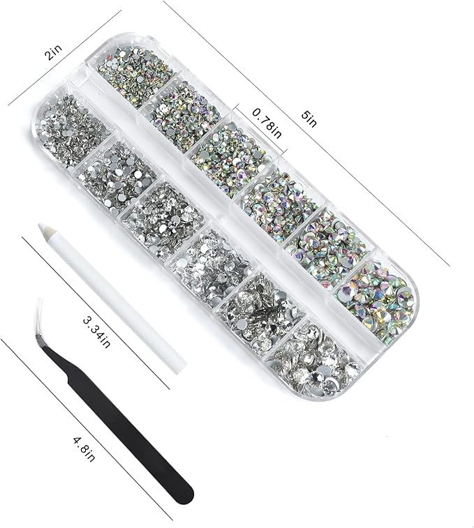 2448 Pieces Clear Flat Back Gems 6 Sizes Round Crystal Rhinestones for nails with Pick Up Tweezer and Rhinestones Picking Pen for Crafts Face Art Clothes Shoes Bags（AB&clear）