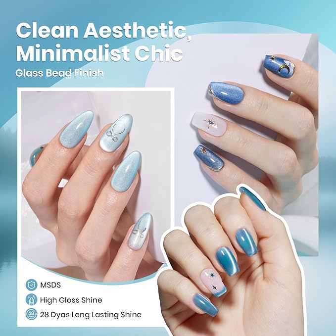 beetles Gel Polish Moonlit Mist Cat Eye Gel Nail Polish Set - 6 Colors Blue Glitter Fall Gel Nail Kit, Jelly Sheer Magnetic Shine Soak Off UV Gel for Salon DIY Manicure Gift for Women