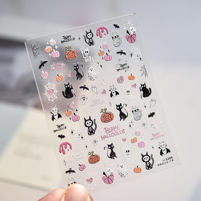 2Sheets Halloween Nail Art Stickers 5D Embossed Black Cat Skull Nail Decals Self-Adhesive Ghost Pumpkin Nail Stickers for Acrylic Nails Spider Web and Spider Nail Decal for Women Nails Decor Supplies