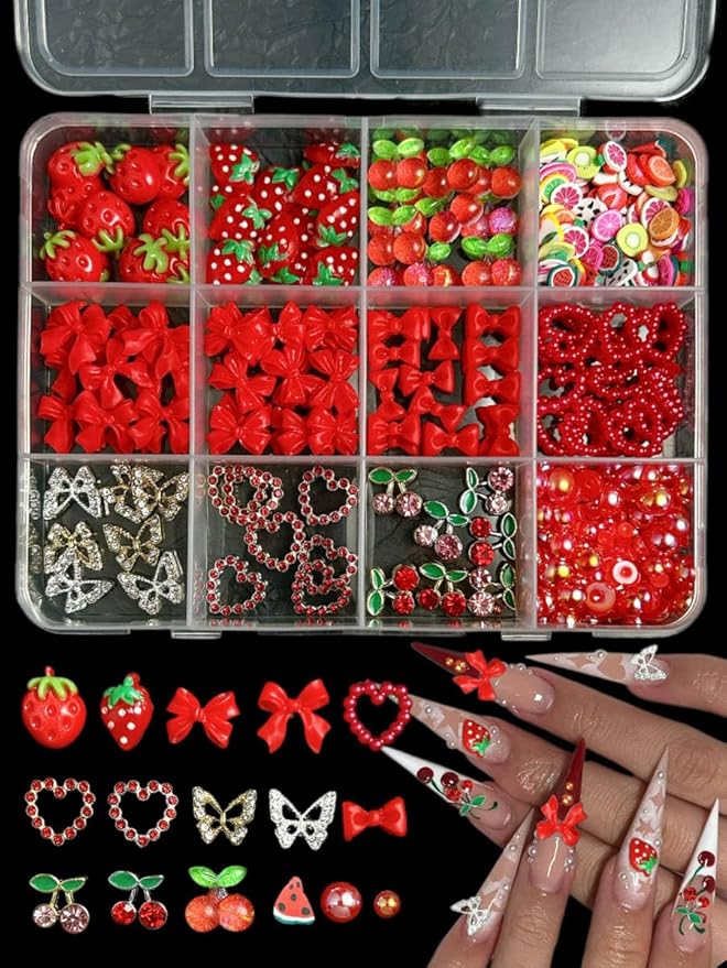 3D Red Bow Nail Charms, Flatback Pearl Charms Resin Strawberry Nails Bows Fruit Charms for Nails, Alloy Cherry Butterfly Nail Art Jewels for Women DIY Accessories