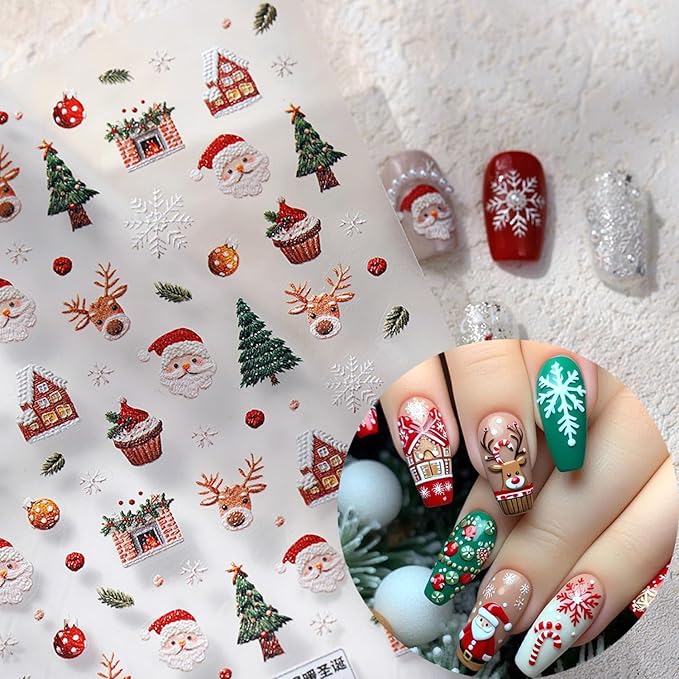 1Sheet Christmas Nail Art Stickers 5D Embossed Cute Santa Claus Elk Designs Nail Decals Self-Adhesive Xmas Tree Snowflake Nail Stickers Christmas House Cake Nail Decal for Women Nails Decoration