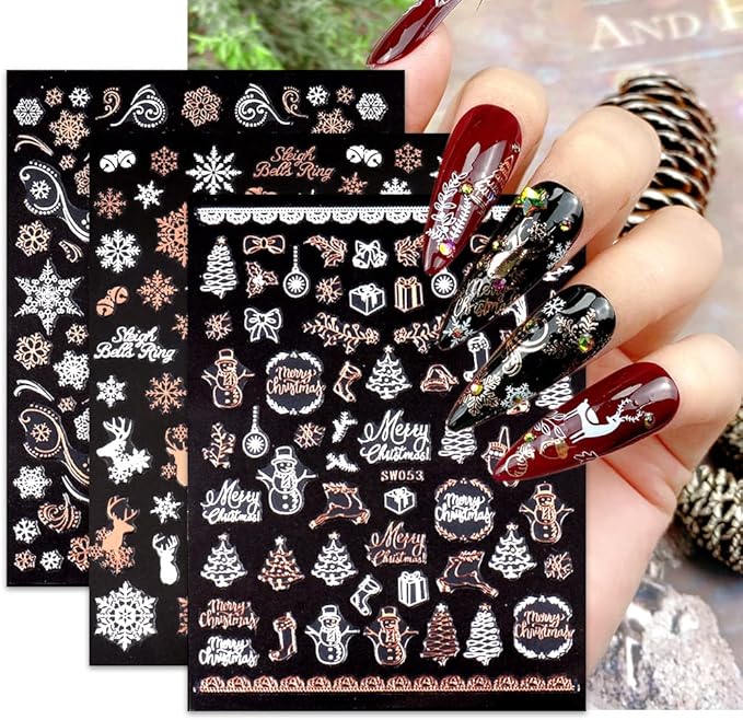9 Sheets Christmas Nail Art Stickers Decals Self-Adhesive Pegatinas Uñas Rose Gold Snowflake Tree Winter Nail Supplies Nail Art Design Decoration Accessories