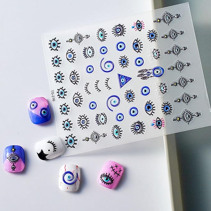 Blue Evil Eye Nail Stickers 5D Embossed Nail Decals Self-Adhesive Nail Art Supplies Eyelash Eye Manicure Stickers for Women Nails Art Decoration