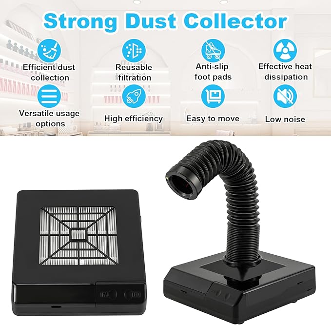 Nail Dust Collector, 60W Dental Polishing Dust Collector with Fan and LED Dual Function Low Noise Dust Suction Machine with Large Caliber Vacuum Cleaner Hose(2.4 In) for Dental Lab Nail Salon (Black)