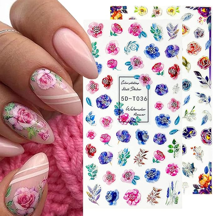 4 Sheets Flower Nail Art Stickers 5D Embossed Nail Decals Flowers Petals Leaf Nail Design Spring Sticker Geometry Engraved Floral Adhesive Foils Summer Leave Butterfly For Nail Art Manicure Decoration