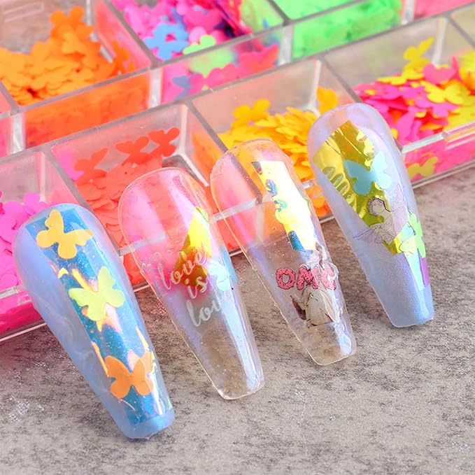 Luminous Butterfly Nail Art Sequins, 3D Butterflies Fluorescence Glitter Flakes-12 Colors Holographic Butterfly Shiny Design Decoration Colorful Confetti Sparkle Supplies Nails Art Accessories