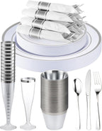 200 PCS Silver Dinnerware Set, Party Plastic Plates by GoodLuck