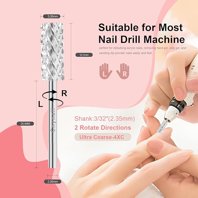 3/32" 5.35MM Small Barrel Flat Top Bit Tungsten Carbide Nail Drill Bit Safety Bit for Gel & Acrylic Removal, 2-Way Rotating Efile Tip, Salon Electric File Accessory (4XC Grit, Silver)
