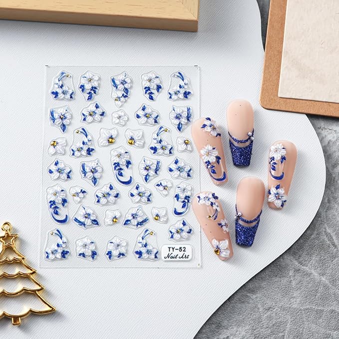 5D Flower Nail Art Stickers Blue Glitter Shiny Flowers Nail Decals 1 Sheets Embossed Floral Nail Stickers Self-Adhesive Blue Flower Nail Supplies for Women Girls Manicure Nail Decoration Accessories