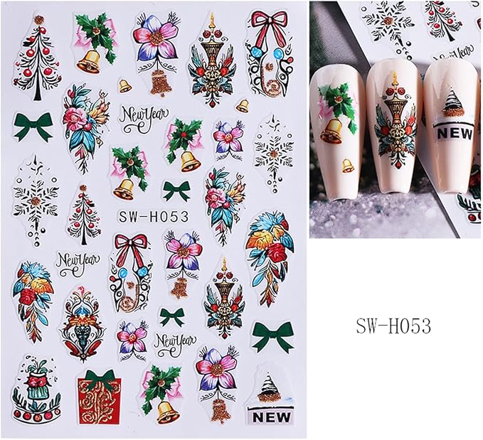 3 Sheets Christmas Nail Art Stickers Flower Nail Decals with Xmas Tree Elk Colored Light Snowflakes Design 3D Self-Adhesive Nail Stickers Acrylic Nail Supplies for Women DIY Christmas Decorations
