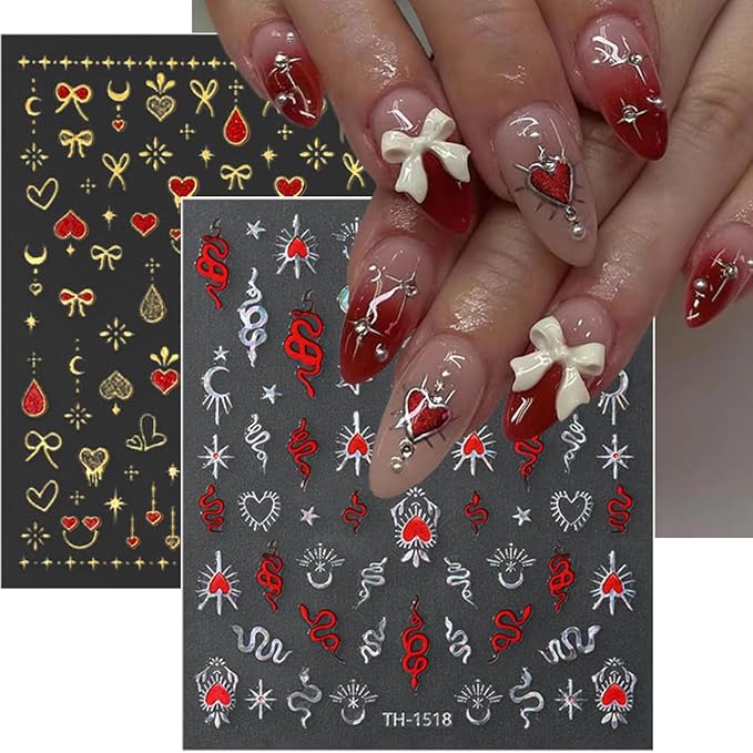6Pcs Glitter Star Nail Stickers 5D Self Adhesives Rhinestones Design Stars Heart Nail Decals Aurora Gold Silver Red Snake Sun Moon Bow Nail Decoration Metallic Star Nail Art Stickers for Nail Supplies