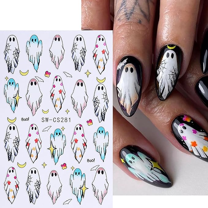 Halloween Nail Art Stickers 6 Sheets Halloween Nail Decals 3D Self Adhesive Cute Nail Stickers Ghost Pumpkin Bat Skull Pattern DIY Manicure Supplies Hallowee Nail Decorations for Women Girls
