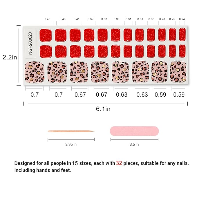 Semi Cured Gel Toenail Strips, 32 Red Leopard Gel Toenail Stickers - Works with Any UV Lamps Pedicure Strips Full Nail Wraps with Nail File & Wood Stick