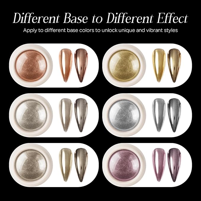 6PCS Chrome Nail Powder with 15ml 3D Nail Gel, Gold Sliver Rose Gold Champagne Rubbing Dust, Metallic Mirror Pigment Powder and Non-Sticky Sculpting Gel for DIY Nails Designs-A