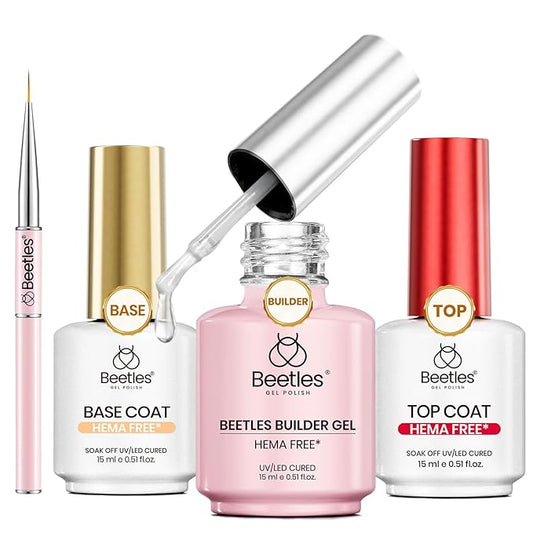 Beetles HEMA Free Builder Nail Gel with No Wipe Top Coat Gel Nail Polish and Base Coat Set for Nails Shine Finish and Long Lasting Upgraded Safe Low-Sensitivity Formula Nail Gifts for Women