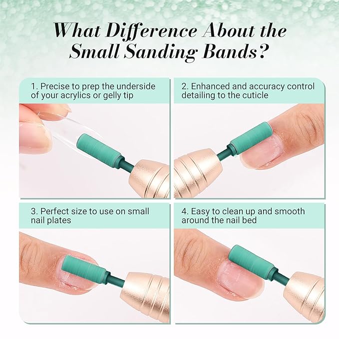 MelodySusie 50 Pcs Nail Drill Bits Small Sanding Bands with 3.1mm Mandrel Bit, 180 Fine Grit Nail File for Acrylic Nails Gel Manicures and Pedicure, Dark Green