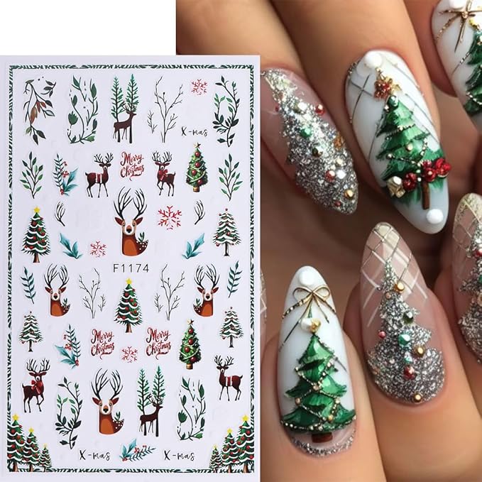 Christmas Nail Art Stickers Decals 3D Self-Adhesive Christmas Nail Stickers Nail Art Supplies 8PCS Elk Holly Santa Claus Green Leaf Snowy Tree Xmas Manicure Sliders for Winter Holiday Nail Decorations