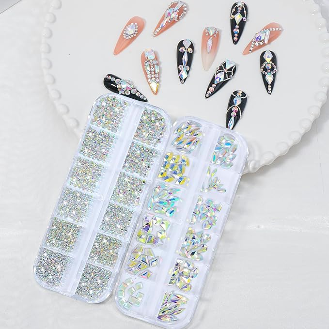 Nail Rhinestones - 3D Multi Shape Size, Flat Back, Manicure Rhinestones Charms, AB Gems, with Kit, for Nail Art, Bedazzling Acrylic Nails, DIY Decor