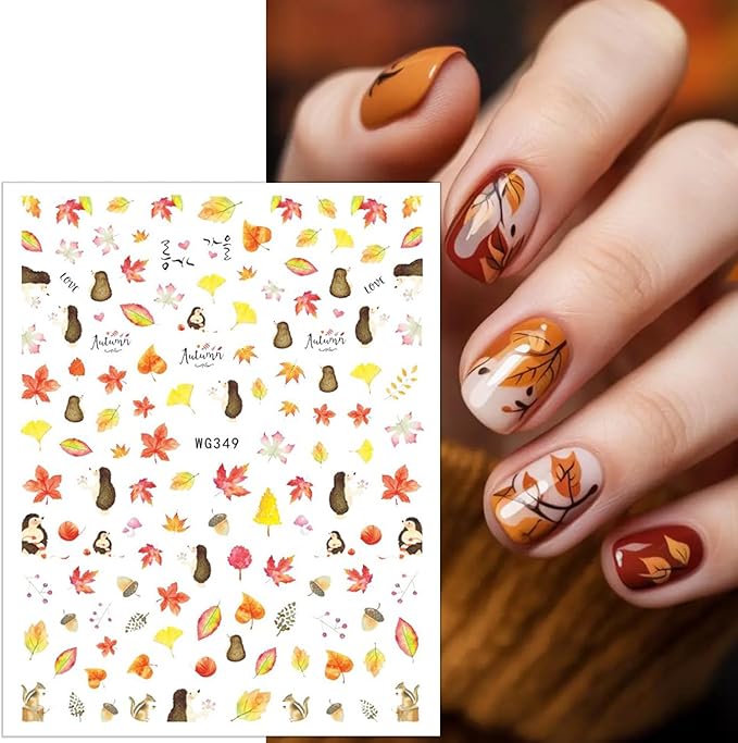 6 Sheets Fall Nail Stickers for Nail Art 3D Self-Adhesive Maple Leaf Nail Art Stickers Autumn Squirrel Pine Cone Pumpkin Nail Decals Thanksgiving Turkey Nail Design Sticker for Women Nails Decoration