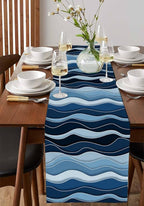 Abstract Blue Moire Table Runners 70 Inches Long, Cotton Linen Fabric Table - Image 2