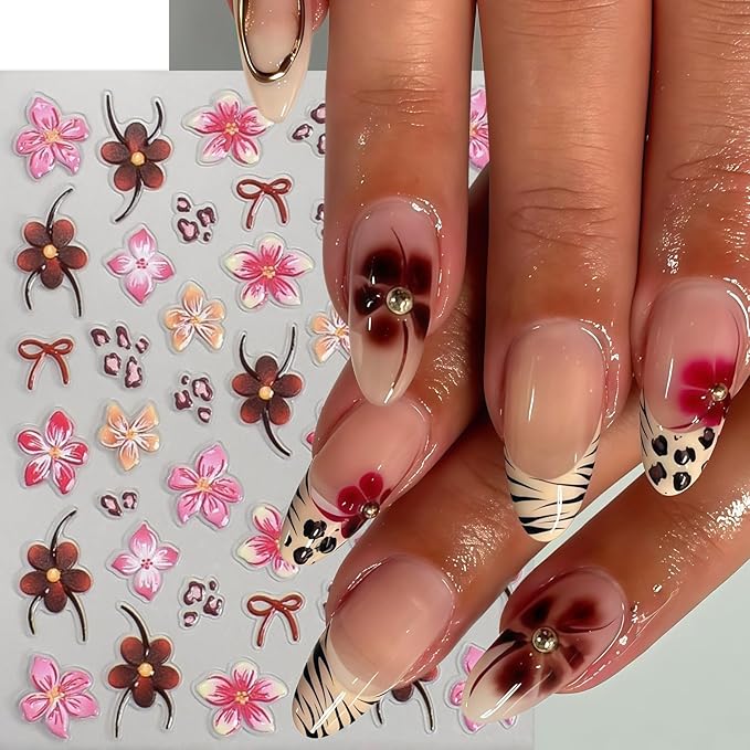 6 Pcs Fall Winter Flower Nail Art Stickers Decals Leopard Print French Flowers Nail Decals 5D Embossed Golden Circle Hibiscus Nails Designs Vacation Fall Brown Leopard Flower Nail Supplies for Women